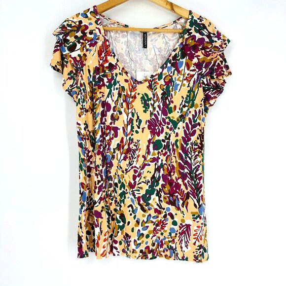 Mengpipi Floral Multicolor Tiered Short Flutter Sleeve V-Neck Top Blouse Size M - Picture 3 of 9